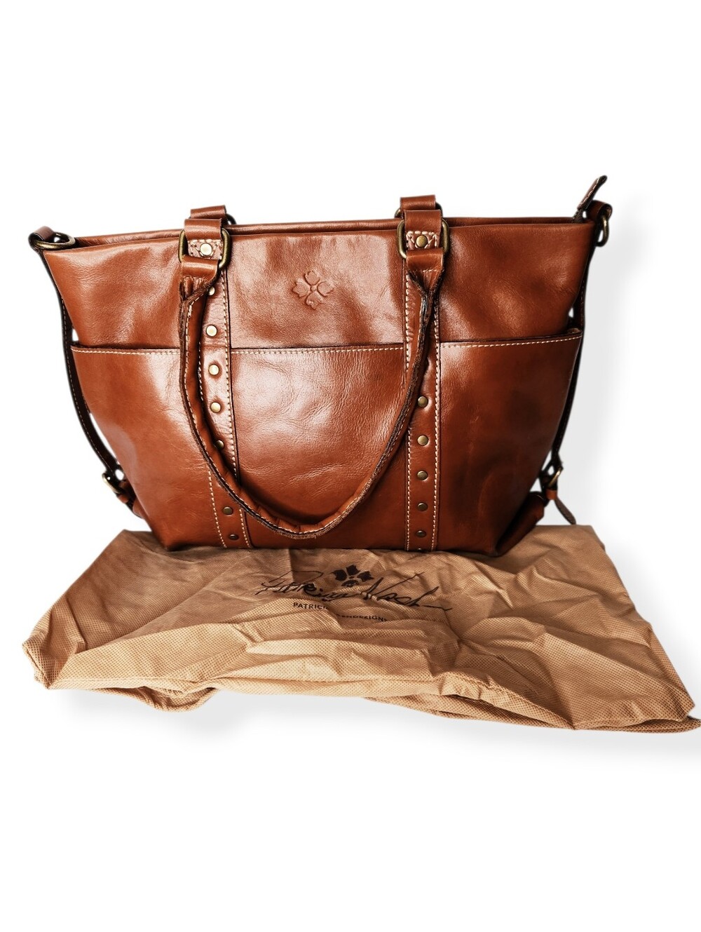 Patricia Nash Carducci Pocket Brown Leather Studded 2 Handle Tote Bag